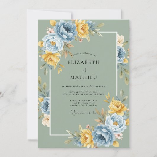 Invitation Mariage Floral Bleu Doré Sage (Devant)