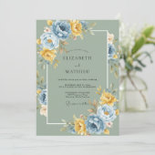 Invitation Mariage Floral Bleu Doré Sage (Debout devant)