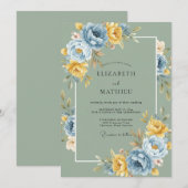 Invitation Mariage Floral Bleu Doré Sage (Devant / Derrière)