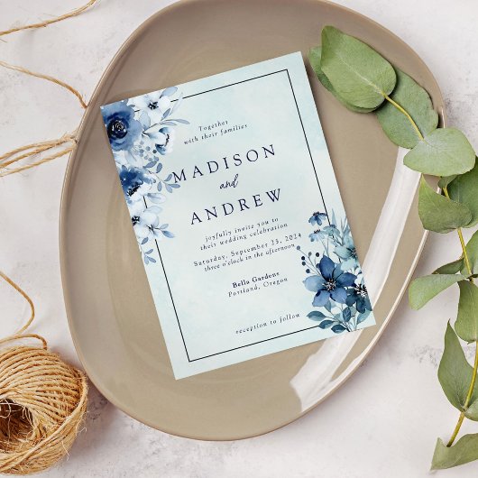Invitation Mariage Floral bleu-Dusty moderne