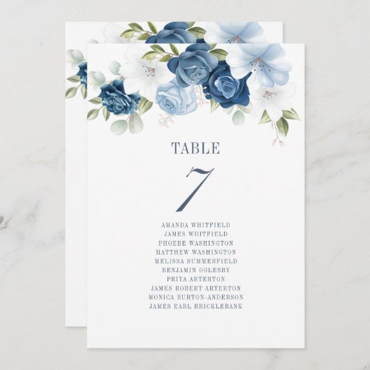 Invitation Mariage floral bleu Dusty Tableau Numéro 7 Siège (Devant / Derrière)