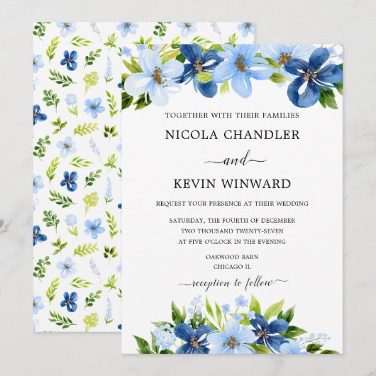 Invitation Mariage Floral Bleu Élégant (Devant / Derrière)