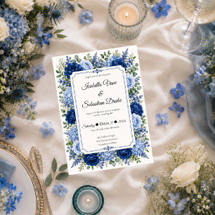 Invitation Mariage Floral Bleu Élégant