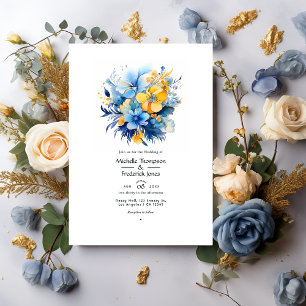 Invitation Mariage floral bleu élémentaire et or
