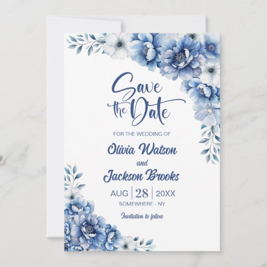 Invitation Mariage Floral Bleu Enregistrer la date (Devant)