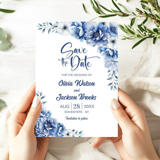 Invitation Mariage Floral Bleu Enregistrer la date