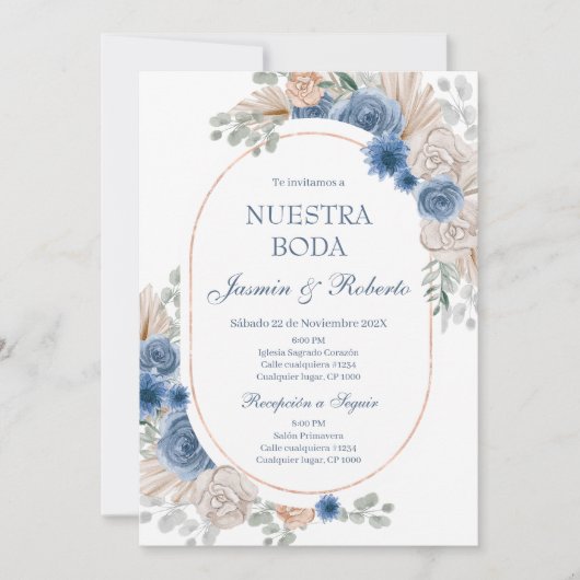 Invitation Mariage Floral bleu espagnol (Devant)