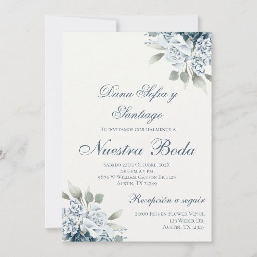 Invitation Mariage floral bleu espagnol (Devant)