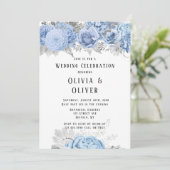 Invitation Mariage floral bleu et argenté (Debout devant)