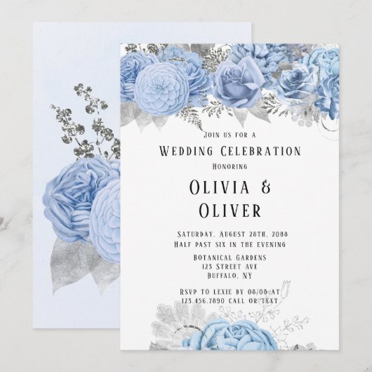Invitation Mariage floral bleu et argenté (Devant / Derrière)