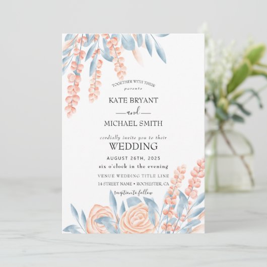 Invitation Mariage floral bleu et blanc (Debout devant)