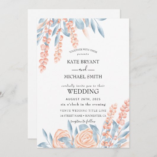 Invitation Mariage floral bleu et blanc (Devant / Derrière)