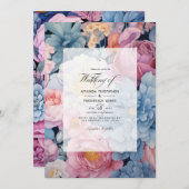 Invitation Mariage floral bleu et blanc (Devant / Derrière)