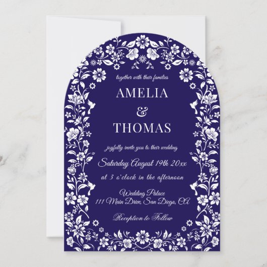 Invitation Mariage floral bleu et blanc (Devant)