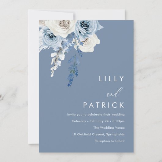 Invitation Mariage floral bleu et blanc moderne (Devant)