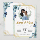 Invitation Mariage floral bleu et blanc personnalisé (Devant / Derrière)