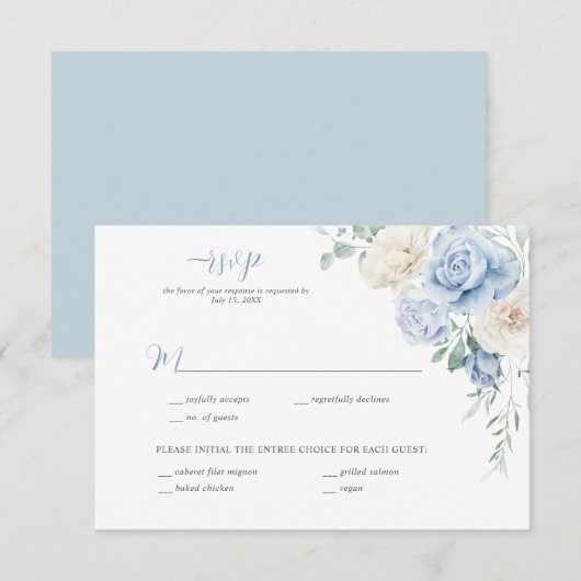 Invitation Mariage floral bleu et blanc RSVP (Devant / Derrière)