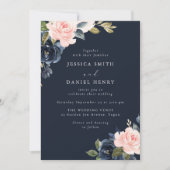 Invitation Mariage floral bleu et bleu marine profond (Devant)