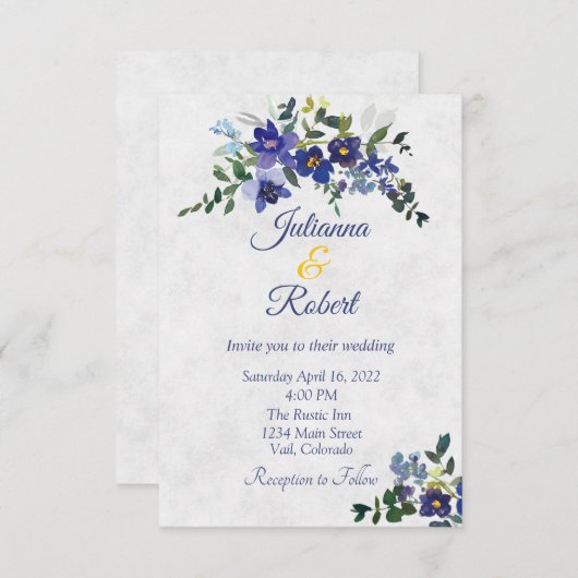Invitation Mariage floral bleu et jaune (Devant / Derrière)