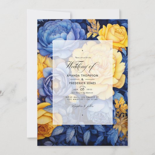 Invitation Mariage floral bleu et jaune de la marine (Devant)