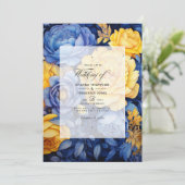 Invitation Mariage floral bleu et jaune de la marine (Debout devant)