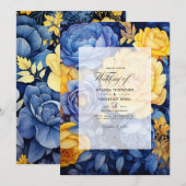 Invitation Mariage floral bleu et jaune de la marine (Devant / Derrière)