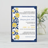 Invitation Mariage floral bleu et jaune de la marine (Debout devant)