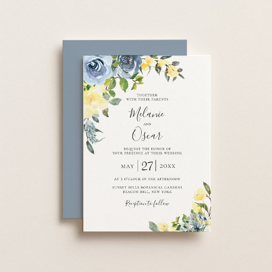 Invitation Mariage floral bleu et jaune Dusty