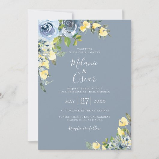 Invitation Mariage floral bleu et jaune Dusty (Devant)