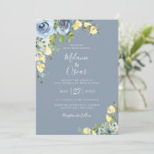 Invitation Mariage floral bleu et jaune Dusty (Debout devant)