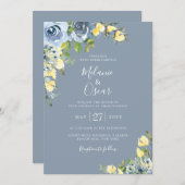 Invitation Mariage floral bleu et jaune Dusty (Devant / Derrière)