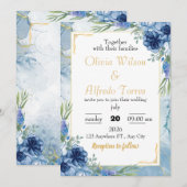 Invitation Mariage floral bleu et or (Devant / Derrière)