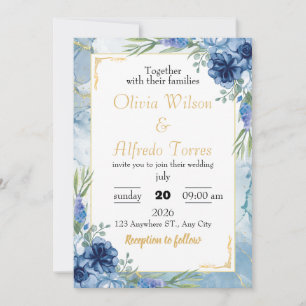 Invitation Mariage floral bleu et or