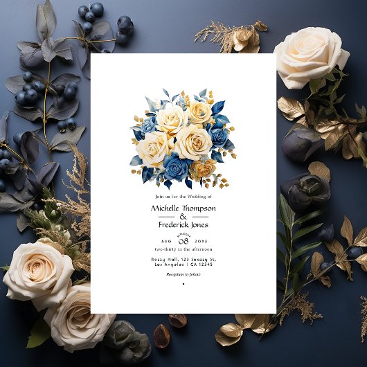 Invitation Mariage floral bleu et or