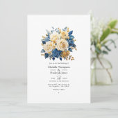 Invitation Mariage Floral Bleu et Or (Debout devant)