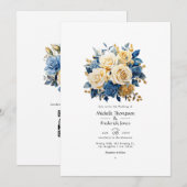 Invitation Mariage Floral Bleu et Or (Devant / Derrière)
