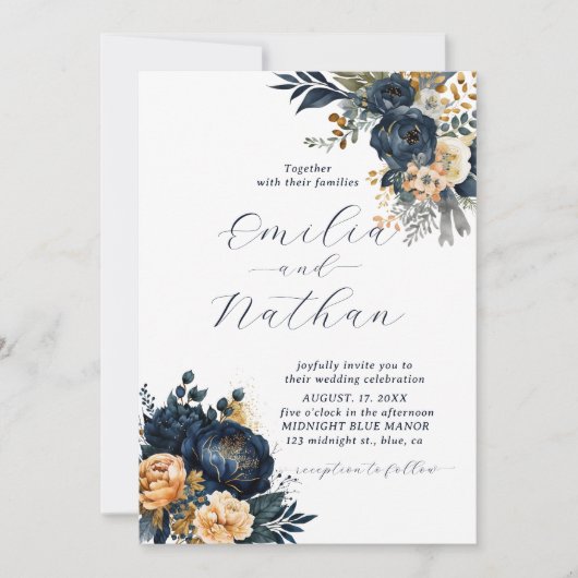 Invitation Mariage floral bleu et or de minuit (Devant)