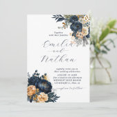 Invitation Mariage floral bleu et or de minuit (Debout devant)