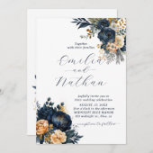 Invitation Mariage floral bleu et or de minuit (Devant / Derrière)