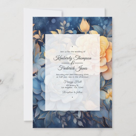 Invitation Mariage floral bleu et or Dusty (Devant)