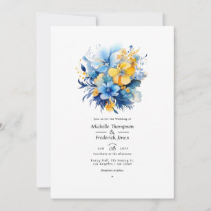Invitation Mariage Floral Bleu et Or Élémentaire