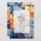 Invitation Mariage floral bleu et orange (Devant / Derrière)
