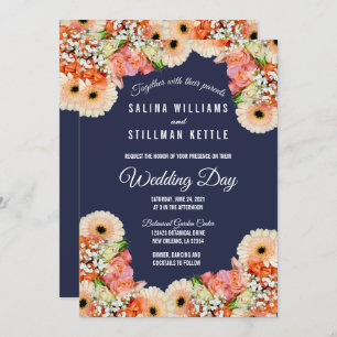 Invitation Mariage floral bleu et orange de minuit