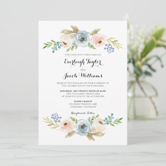 Invitation Mariage floral bleu et rose pâle (Debout devant)