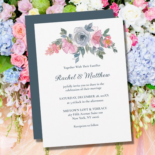 Invitation Mariage floral bleu et rose pâle