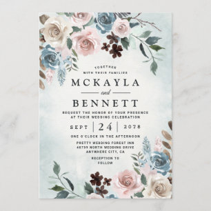 Invitation Mariage floral bleu et rose pâle