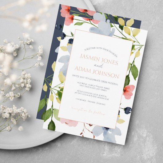 Invitation Mariage floral bleu et rose simple Boho