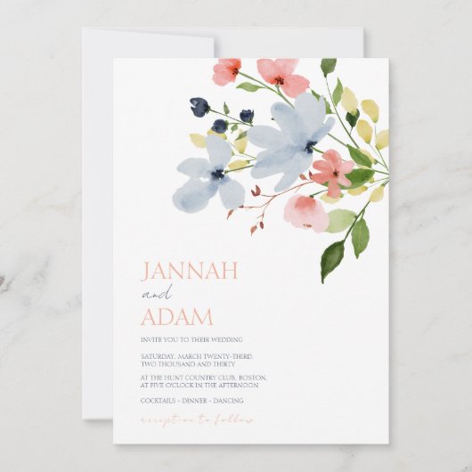Invitation Mariage floral bleu et rose simple Boho (Devant)