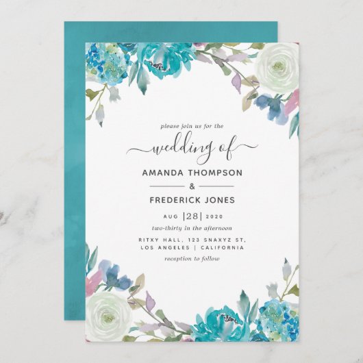 Invitation Mariage floral bleu et turquoise (Devant / Derrière)