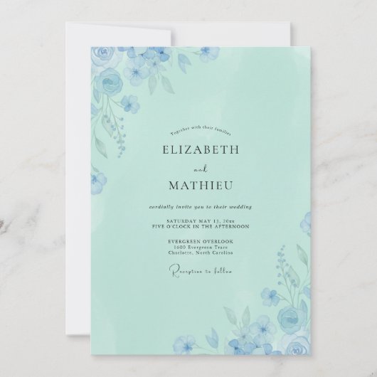 Invitation Mariage Floral Bleu Éthéré Mousse de Mer (Devant)